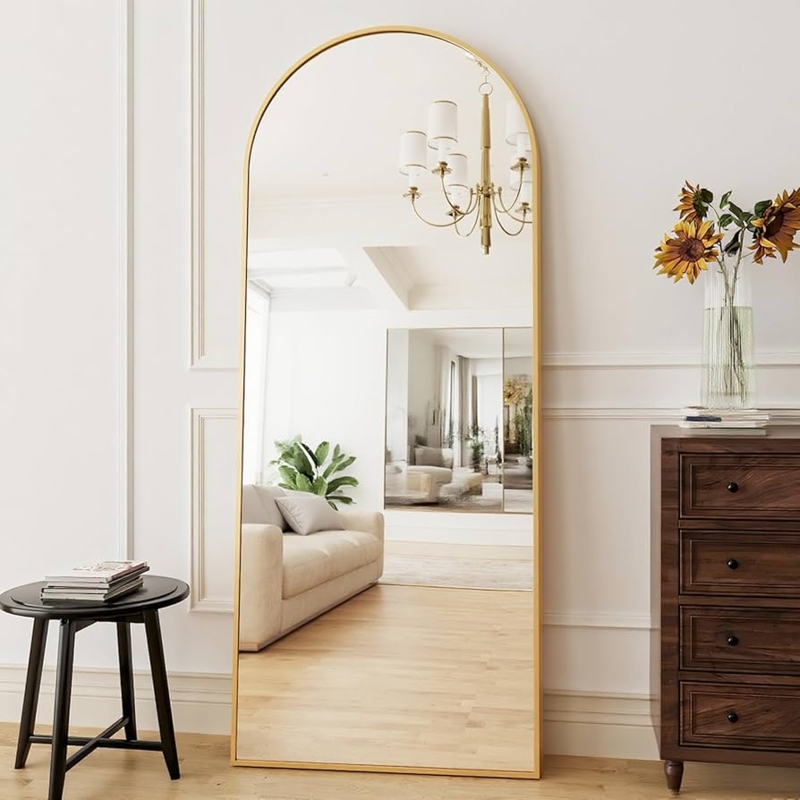 Oversized Arched Mirror, Gold-Toned Frame, Floor-Leaning