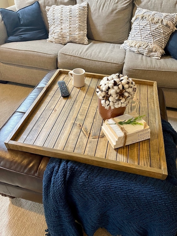 Oversized Decorative Tray with Integrated Handles, Wood Tray for Ottoman