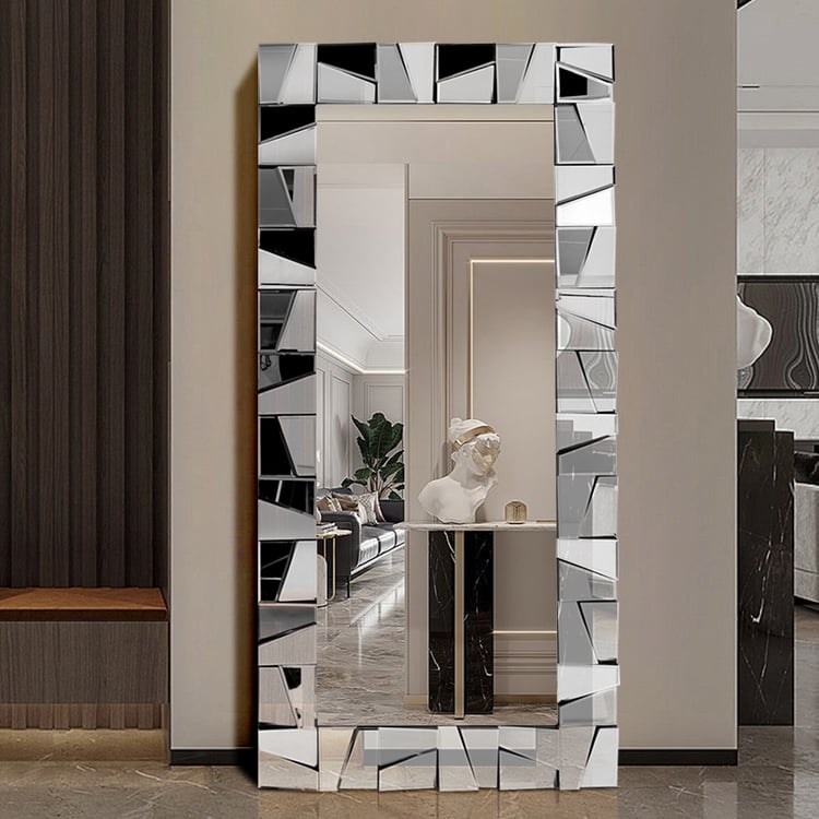 Oversized Floor Mirror 3D Geometric Glass Frame Leaning