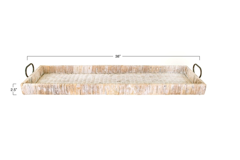 Oversized Rattan Tray Whitewashed Round Metal Handles