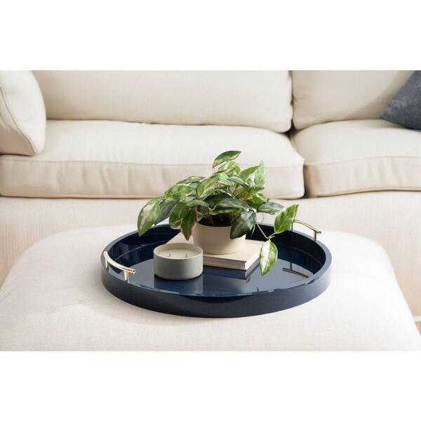 Oversized Round Decorative Tray: Navy Blue with Polished Gold Rim