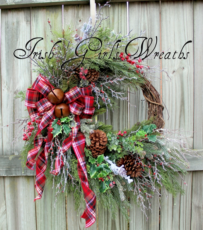 Oversized Tartan Plaid Winter Wreath with Frosted Pinecones