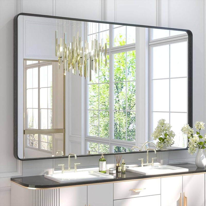 Oversized Wall Mirror Rounded Corners Matte Finish Thin Frame Vanity