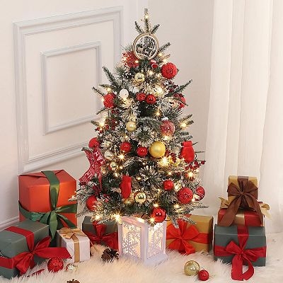 Pair of Mini Christmas Trees, Burlap Base, Warm Pre-Lit, Rustic Mantel.