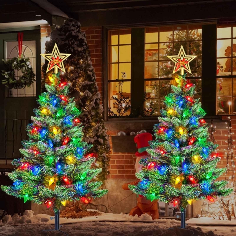 Pair Outdoor Christmas Decoration C6 LED Lights Miniature Yard Trees