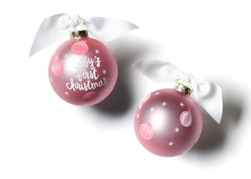 Pale Pink Glass Christmas Ornament with White Script Lettering.