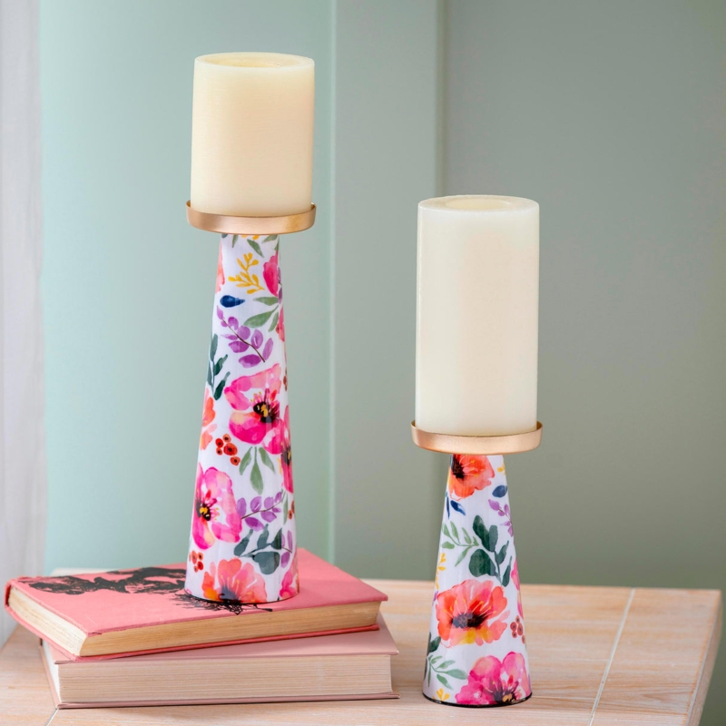 Pastel Metal Candle Holder Set: Laser Cut Botanical Patterns
