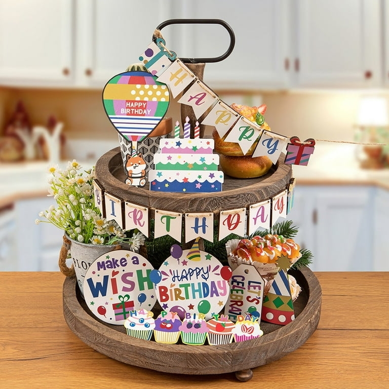 Pastel Wood Crafts and Bunting Banner for Birthday Tabletop Decor