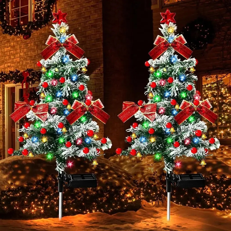 Pathway Lights Faux Cedar Texture Solar Christmas Tree Decor Red Bows