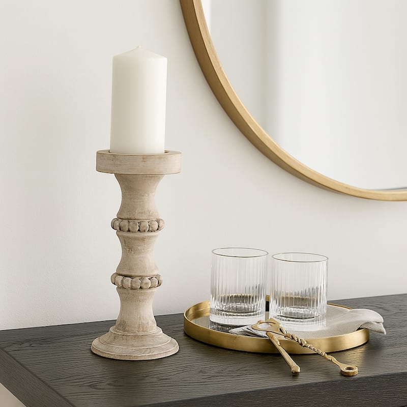 Pedestal Candle Holder Beaded Base Trim Whitewashed Finish Rustic Style