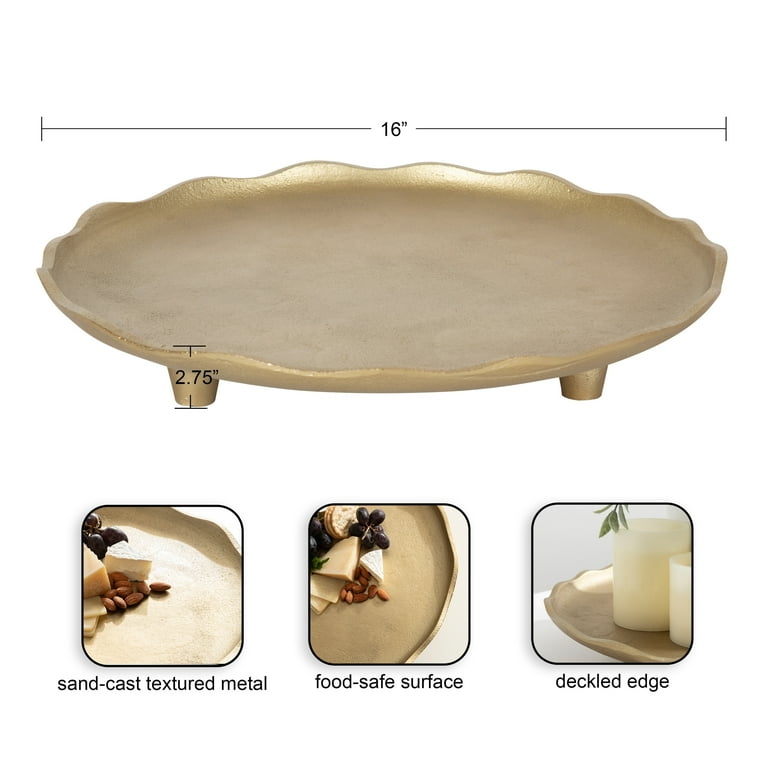 Pedestal Decorative Tray with Scalloped Rim in Textured Gold Finish