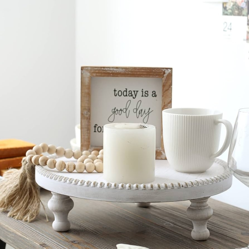 Pedestal Tray Riser: Whitewashed Wood with Beaded Edge for Rustic Styling