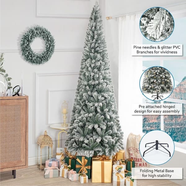 Pencil Christmas Tree, Heavily Flocked, Warm Ambient Glow, Frosted Finish