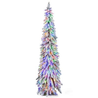 Pencil Christmas Tree Multi-Color LEDs Flocked Slim Silhouette Festive