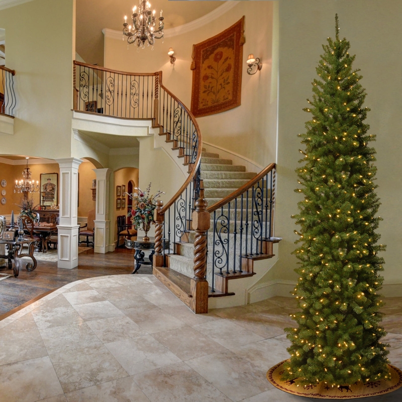Pencil Slim Artificial Christmas Tree 10 Foot Pre-lit Traditional