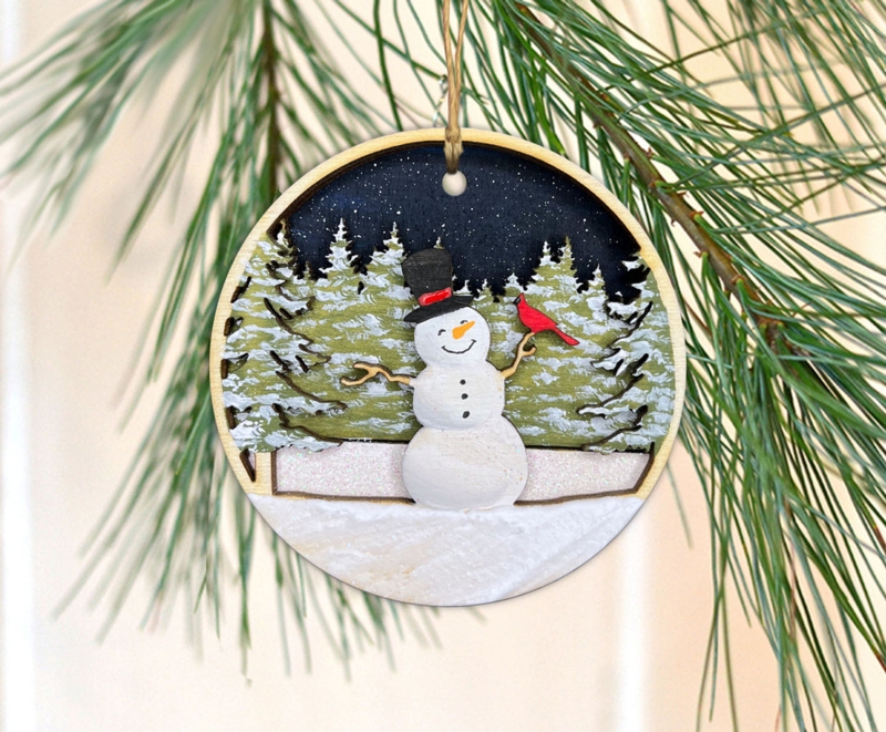 Personalized Wood Ornament, Laser-Engraved Snowman, Jute Loop