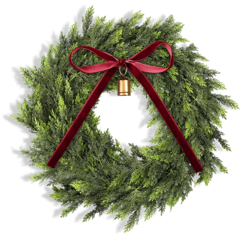 Petite Wreath: Artificial Cedar Texture with Red Bow for Window Decor.