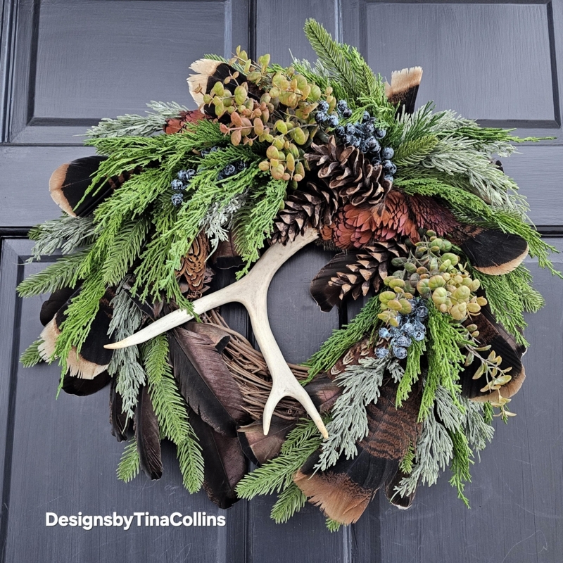 Pheasant Feather Door Wreath with Antler Accents and Greenery Base