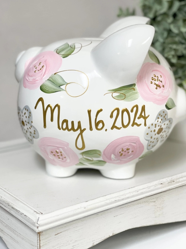 Piggy Bank Hand Painted Flowers Script Personalization Custom Keepsake