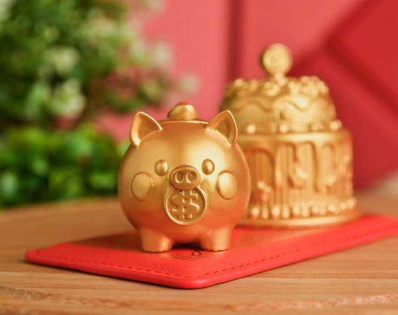 Piggy Bank Miniature Party Hat Metallic Gold Finish Rotund Silhouette