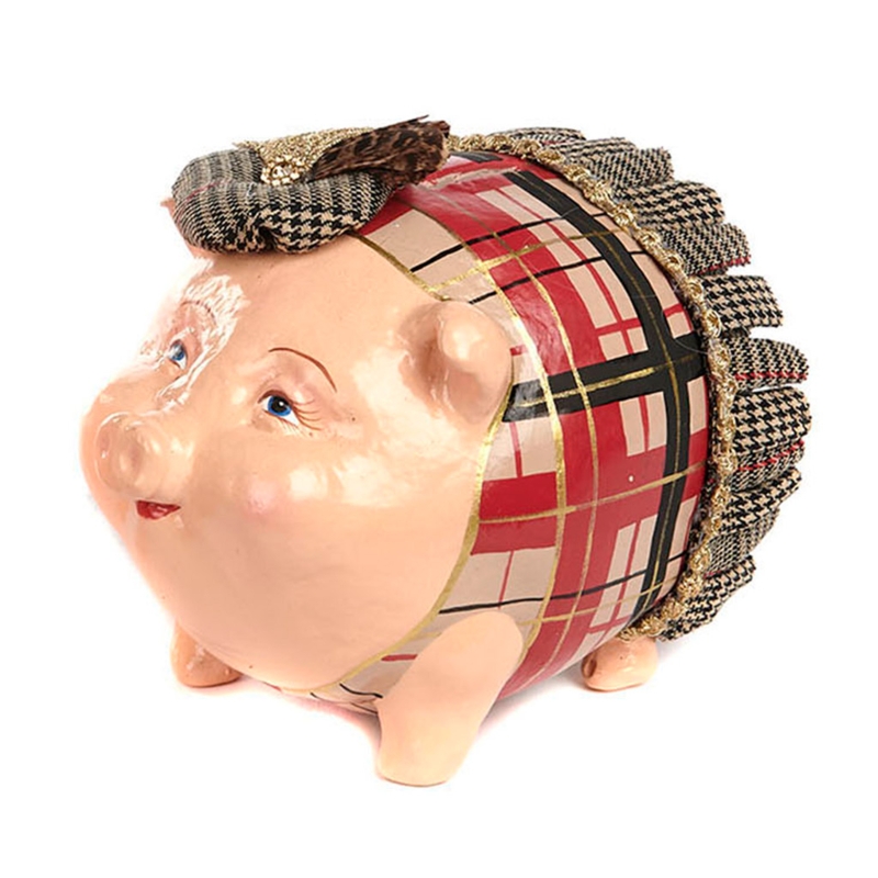 Piggy Bank Tartan Pattern Gold Chain Collar Black Accents Preppy Decor