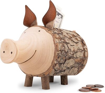 Piggy Bank Transparent Front Panel Wood Construction Minimalist Decor
