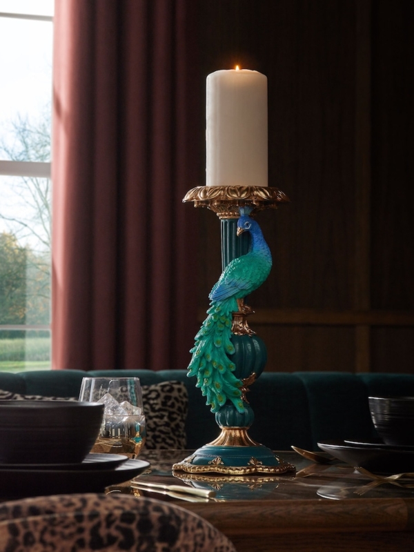 Pillar Candle Deep Teal Blue Wax Embossed Peacock Feather Pattern