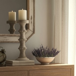 Pillar Candle Holder Beaded Banding 14 Inch Height Farmhouse Wood
