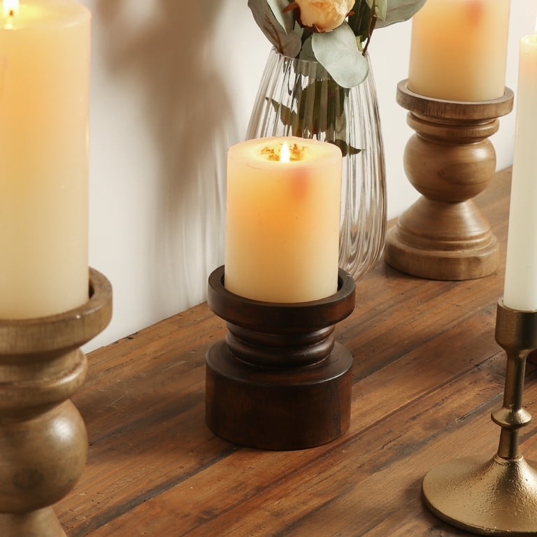 Pillar Candle Holder, Dark Brown Turned Wood Pedestal