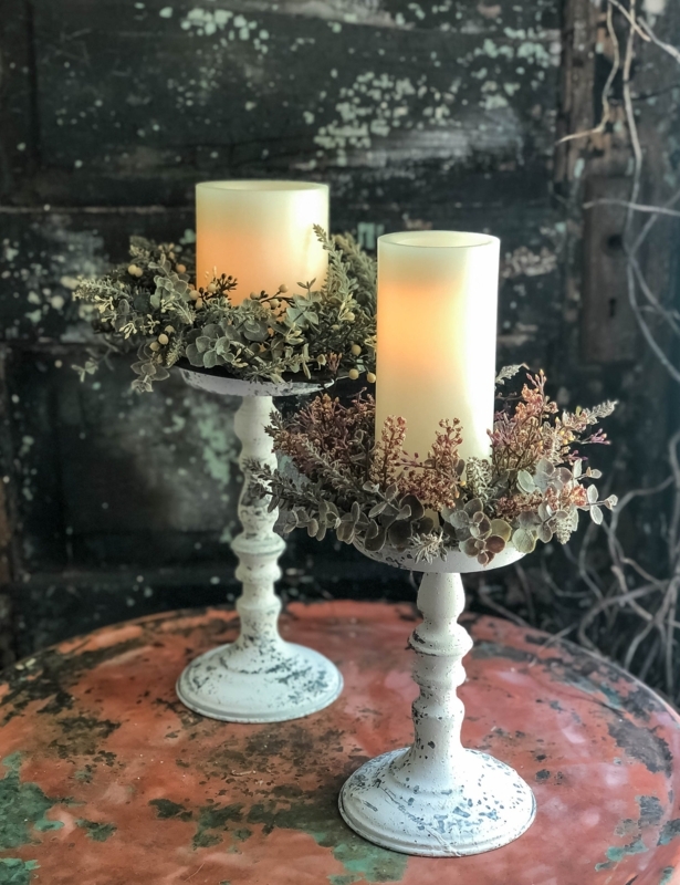 Pillar Candle Holder Distressed White Wood with Rimmed Top Pedestal