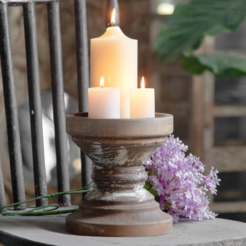 Pillar Candle Holder, Distressed Whitewashed Finish, Chunky Turned Design