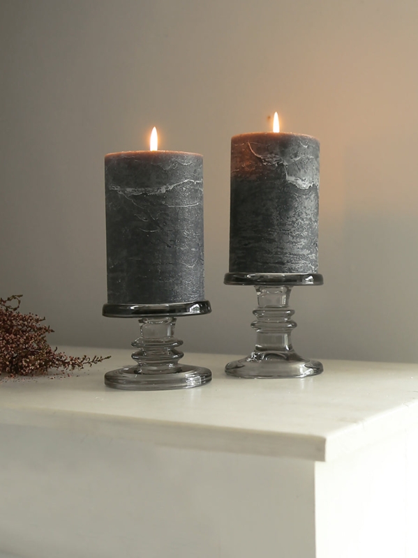 Pillar Candle Holder in Smoky Grey Glass with Ribbed Texture