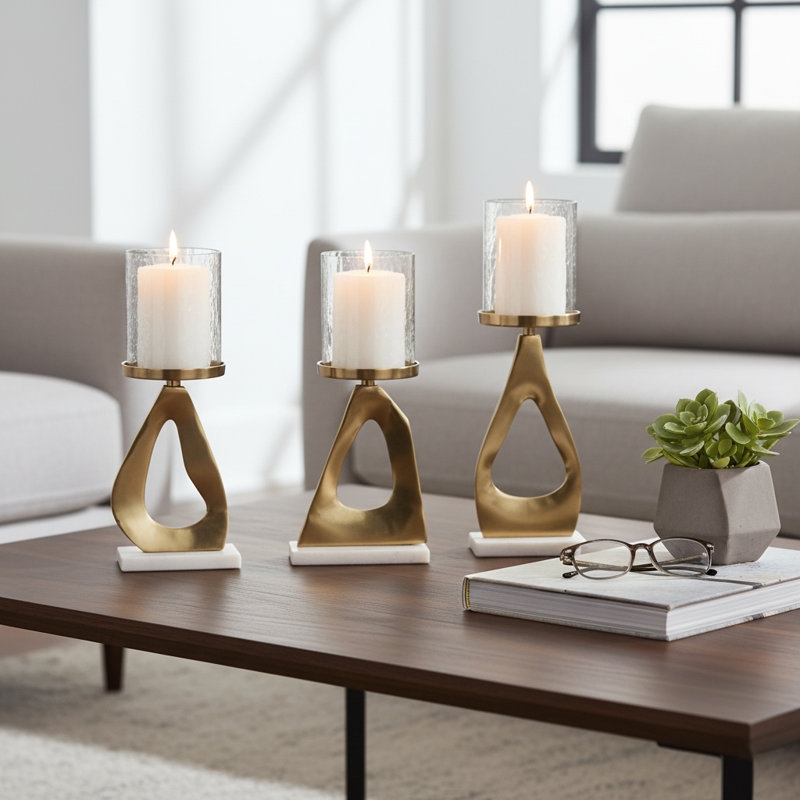 Pillar Candle Holder Marble Base Gold Stem Set of 3