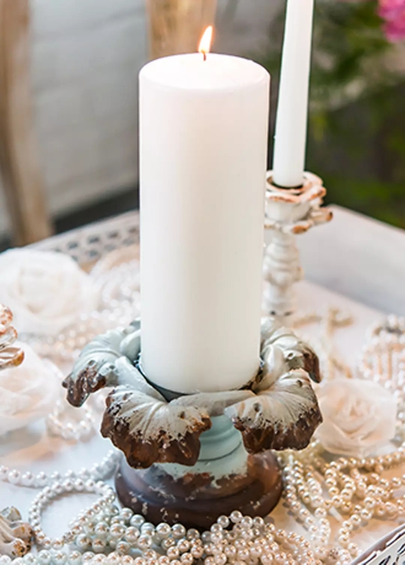 Pillar Candle Holder: Matte Black Metal Turned Stem, Stepped Circular Base