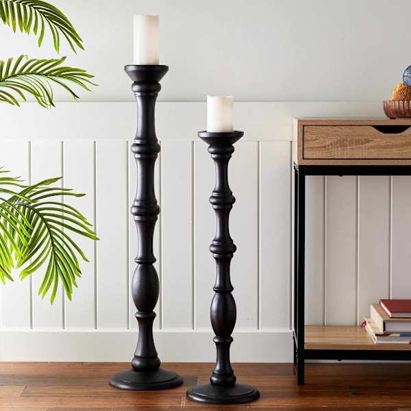 Pillar Candle Holder Oversized Matte Black Turned Wood Spindle