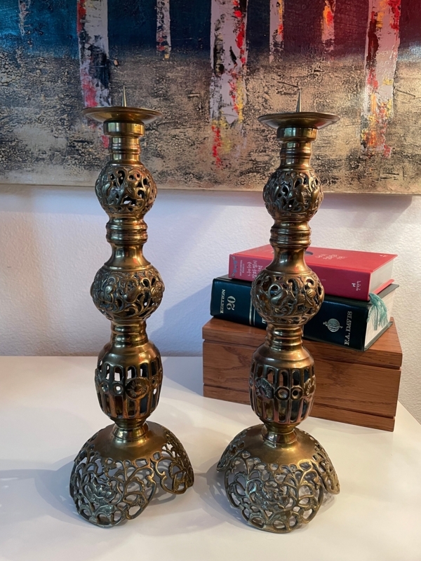 Pillar Candle Holder Pair featuring Intricate Pierced Filigree