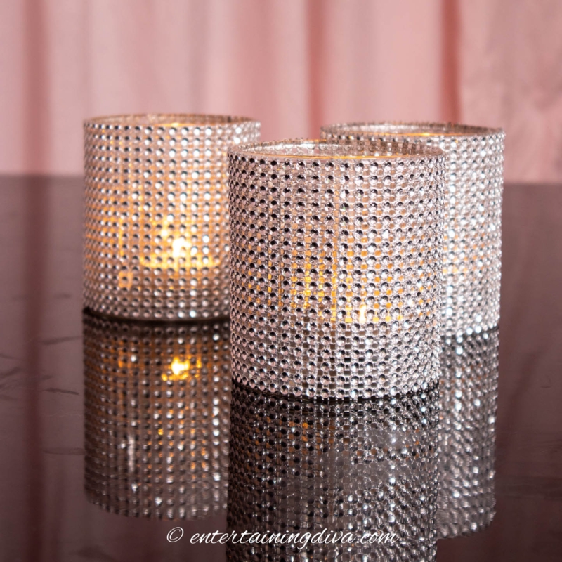 Pillar Candle Holder Pair Silver Metal Rhinestone Wrap Polished