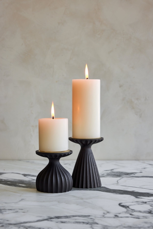 Pillar Candle Holder Pair with Dark Wash Finish and Vertical Fluting.
