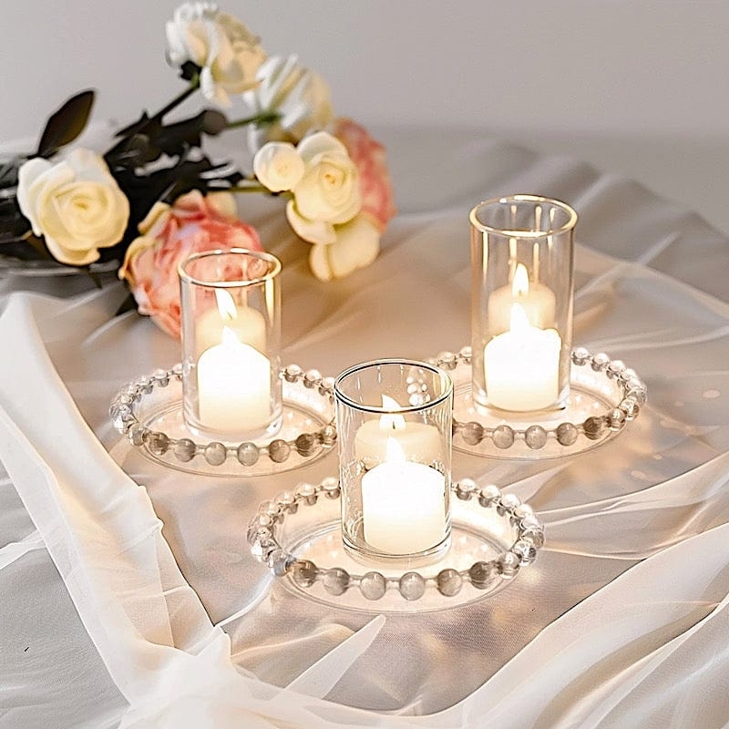 Pillar Candle Holder Plate, Clear Glass, Beaded Rim