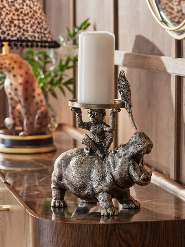 Pillar Candle Holder Polished Gold Stacked Animal Design Playful Decor