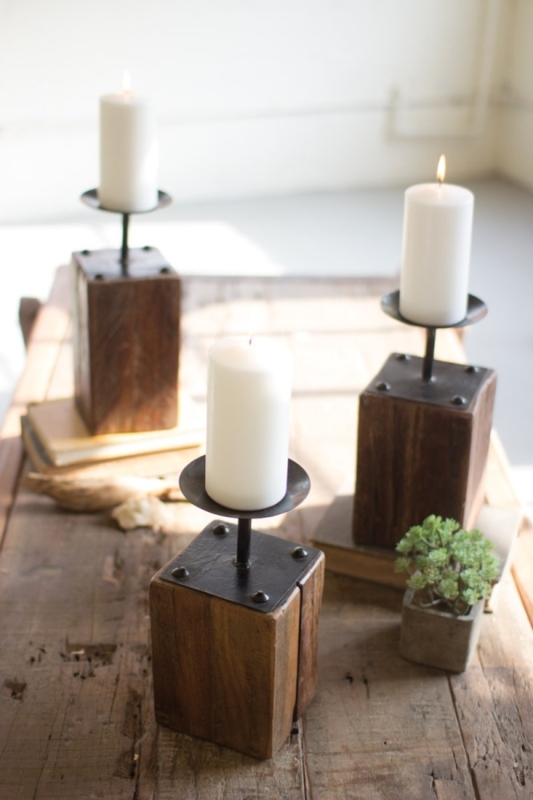 Pillar Candle Holder Recycled Wood Texture Lathe Turned Rustic Set