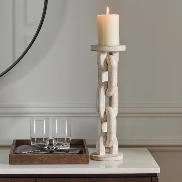Pillar Candle Holder Sculptural Chain Base Matte White Coastal Wood Accent