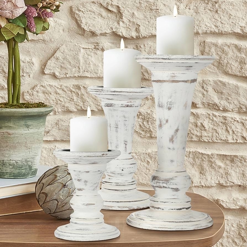 Pillar Candle Holder Set Antique White Turned Wood Siren Shape