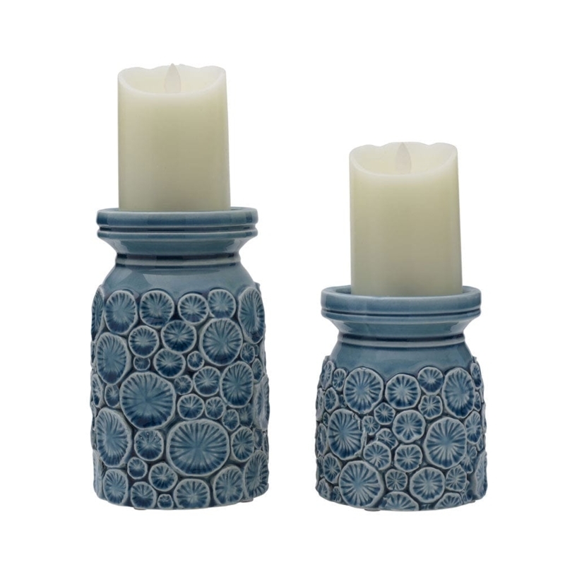 Pillar Candle Holder Set: Ceramic with Indigo Batik Sea Life Motifs