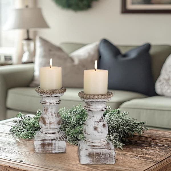 Pillar Candle Holder Set: Distressed White Turned Wood, Farmhouse Style