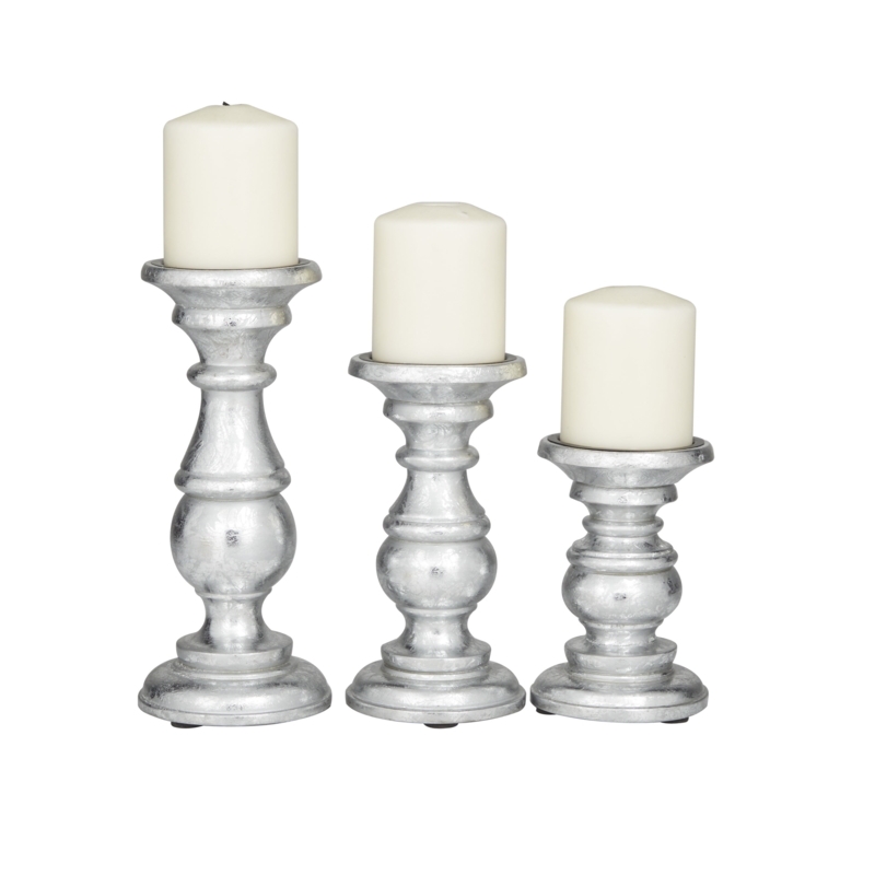 Pillar Candle Holder Set Distressed Wood Turned Spindle Rustic Glam Decor
