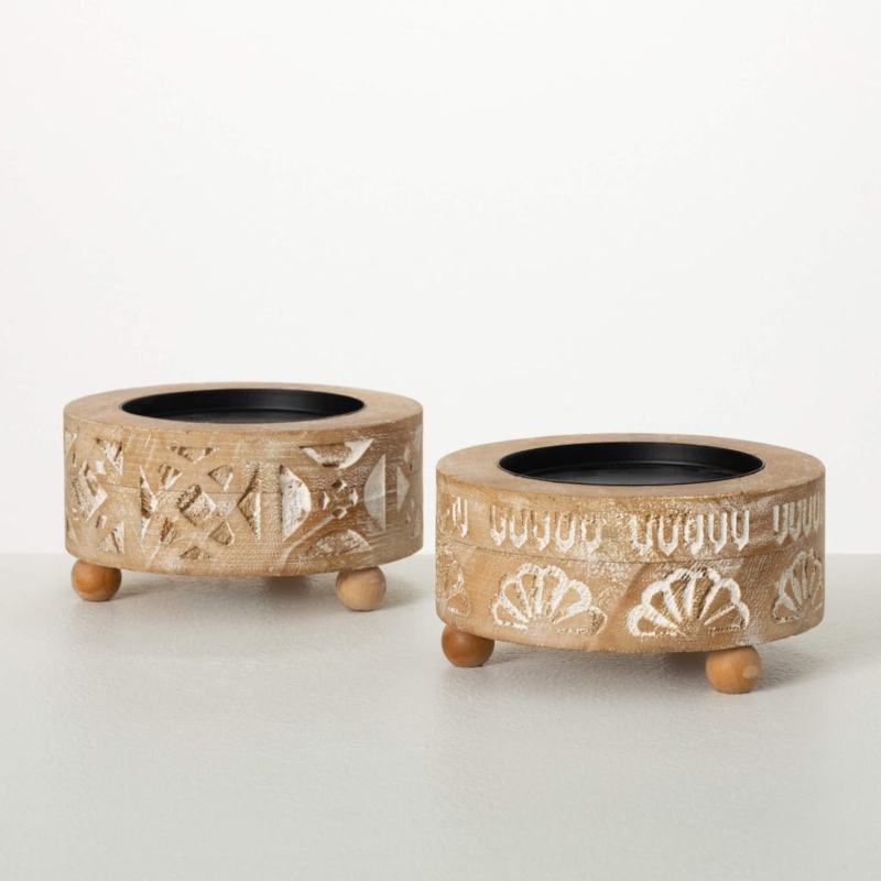Pillar Candle Holder Set Embossed Pattern Rustic Stoneware Accent