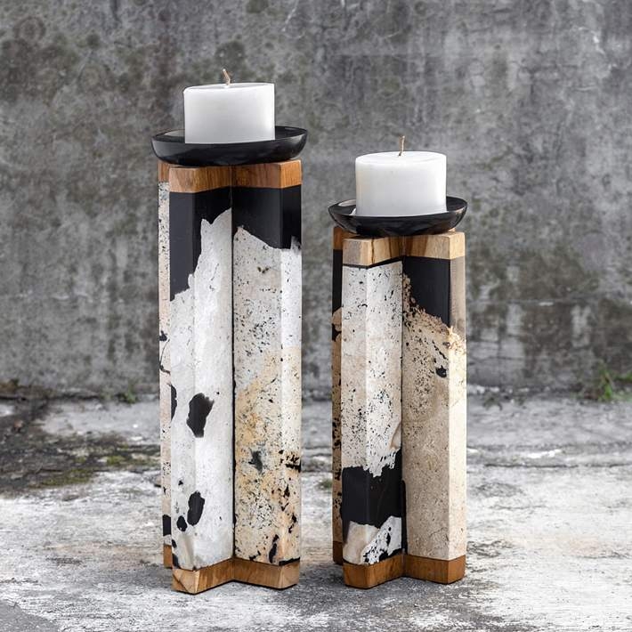 Pillar Candle Holder Set: Ivory Coral Stone with Porous Texture