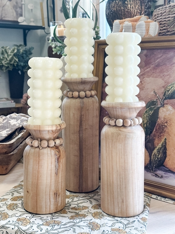 Pillar Candle Holder Set Light Brown Wood with Beaded Rim Detail