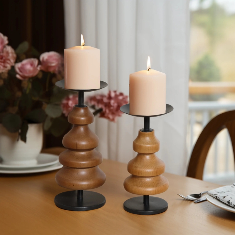 Pillar Candle Holder Set: Natural Birch Wood Logs, Peeling Bark Texture